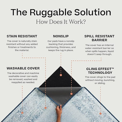 RUGGABLE Washable Vintage Area Rug – Sarrah Sage 5x7, Stain-Resistant, Non-Slip – Medium Machine Washable Rugs for Living Room, Bedroom, Hallway, Entryway & Office–with Standard Pad