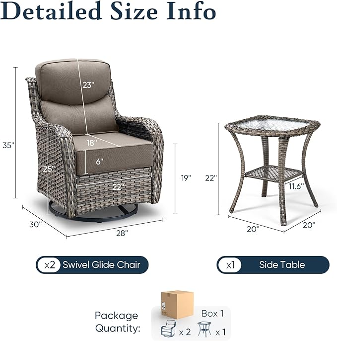 Belord Luxury 6" Thick Cushioned Outdoor Swivel Rocker Patio Chairs with Side Table, 3 Pieces High Back Wicker Furniture Set with Ergonomic Back, Conversation Gliders Set for Deck Porch - Grey+Grey