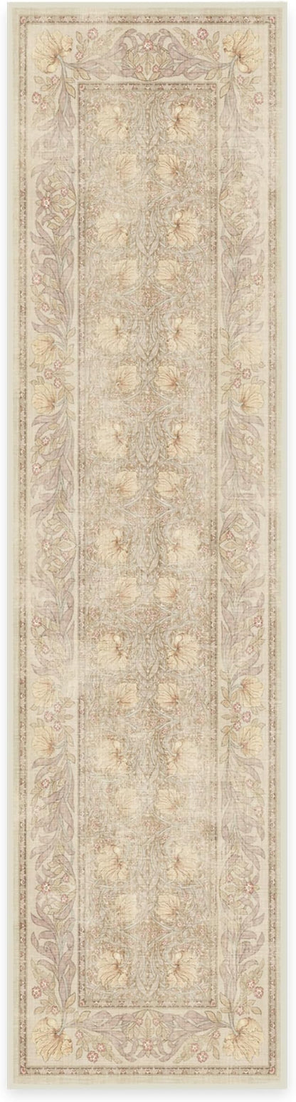 RUGGABLE x Morris & Co Machine Washable Runner Rug – Pimpernel Vintage Stone 2.5x10, Stain-Resistant, Non-Slip – Washable Rug for Hallway, Entryway, Living Room & Kitchen–with Standard Pad