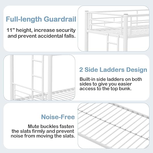 VECELO Twin Over Twin Bunk Bed with Trundle, Metal Bunkbeds with Ladder and Full-Length Guardrail, Noise Free, No Box Spring Needed, Off White