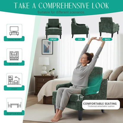 Modern Accent Chairs Set of 2 Upholstered Reading Chair for Bedroom with Side Pockets Comfy Living Room Chairs Living Room Oversized Armchair for Office, Apartment (Green Chenille)