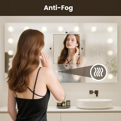 WTTY LED Bathroom Mirror with Lights 40"x28" Hollywood Wall-Mounted Mirror with 3 Color Temperatures, Stepless Dimmable Bulbs, Anti-Fog & Shatter-Proof