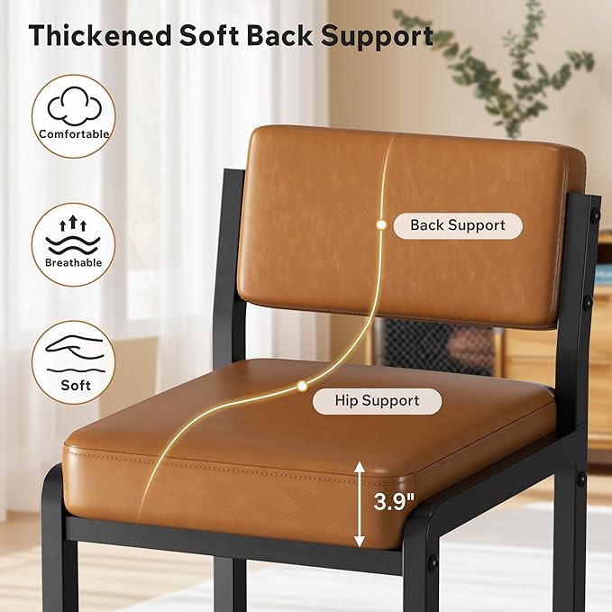 Counter Stools Set of 4, Faux Leather Bar Height Stools with High Back and Metal Legs, Upholstered Bar Chairs, 26" Modern Barstools for Kitchen Island, Caramel