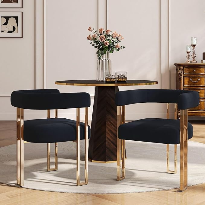 Black and Gold Modern Dining Chairs Set of 2, Velvet Upholstered Barrel Armchairs with Metal Legs for Kitchen Island, Mid Century Accent Chairs for Dining Room Living Room, Open-Back