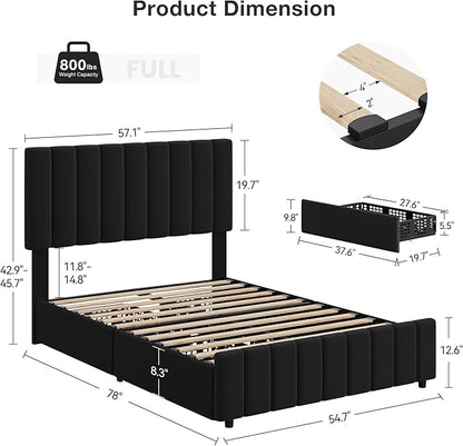Garvee Full Size Bed Frame with 4 Storage Drawers, Adjustable Height Headboard, Linen Upholstered Platform Bed Frame, No Box Spring Needed, Easy Assembly, Black