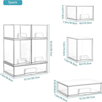 Vtopmart Stackable Storage Drawers Set of 5, Clear Plastic Organizer Bins for Baby Bottle, Beauty Supplies Storage, Ideal for Kichen Countertop, Vanity, Bathroom, Cabinet, Pantry Organization