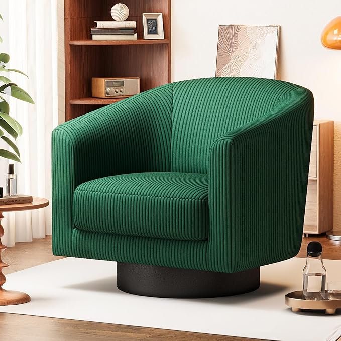 360° Swivel Accent Chairs Set of 2, Modern Bucket Chair, Corduroy Barrel Armchair, Comfy Boucle Chair, Single Sofa for Living Room Bedroom. Green