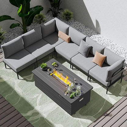 Sundale Outdoor 7 Pieces Patio Furniture Set with Fire Pit Table, L-Shaped Outdoor Sectional Sofa with 6 Inch Olefin Cushion, All-Weather Modern Metal Outdoor Conversation Sets (6 Seats,White Frame)