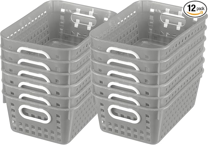 Really Good Stuff Medium Plastic Book Baskets, 11" by 7.5" by 4.5" - 12 Pack, Pebble, Versatile Storage Solution for Classroom, Home and Office, Toy Storage, Multi-Purpose Organizer Basket