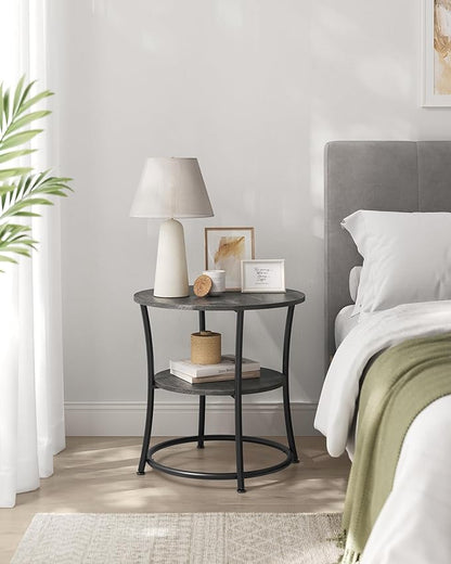 VASAGLE Side Table, 2-Tier Round End Table, Nightstand with Steel Frame for Small Spaces, Living Room, Bedroom, Misty Gray and Ink Black