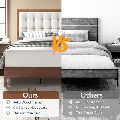 Jocisland Wood King Size Bed Frame,Tall Upholstered Tufted Headboard, Solid Wood Platform, No Box Spring Needed, Walnut