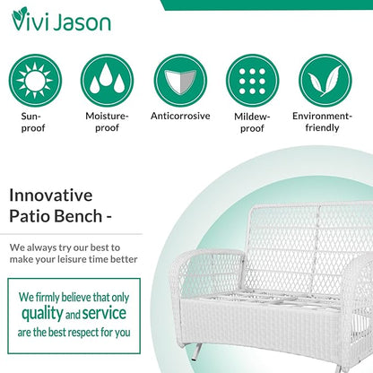 VIVIJASON 4-Piece Outdoor Patio White Wicker Conversation Sets, All Weather Outdoor Rattan Furniture Set Includes Glider Loveseat, Coffee Table, 2 Rocking Chairs with Cushions for Backyard, Navy Blue