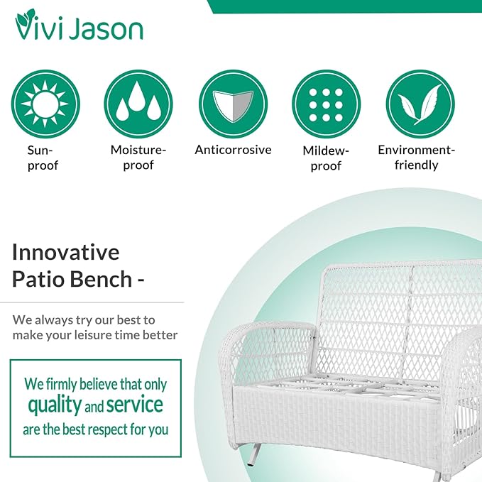 VIVIJASON 4-Piece Outdoor Patio White Wicker Conversation Sets, All Weather Outdoor Rattan Furniture Set Includes Glider Loveseat, Coffee Table, 2 Rocking Chairs with Cushions for Backyard, Grey