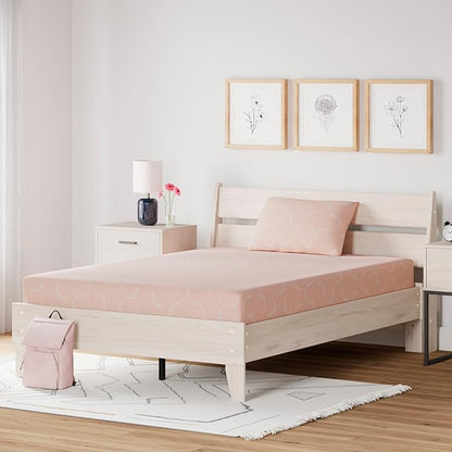 Signature Design by Ashley Twin Size iKidz 7 Inch Firm Gel Memory Foam Mattress with Stretch Knit Cover & Pillow Included, Pink Coral, Fiberglass Free, Mattress in A Box