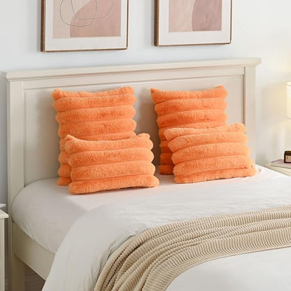 FUTEI Orange Decorative Throw Pillow Covers 24x24 Inch Set of 2, Square Soft Faux Rabbit Fur Thick Striped European Cushion Covers,Winter Home Decor for Couch Bed Living Room