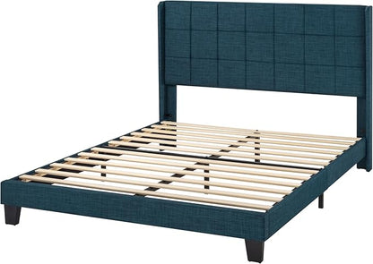 Allewie Queen Size Platform Bed Frame with Wingback, Fabric Upholstered Square Stitched Headboard and Wooden Slats, Mattress Foundation, Box Spring Optional, Easy Assembly, Dark Blue