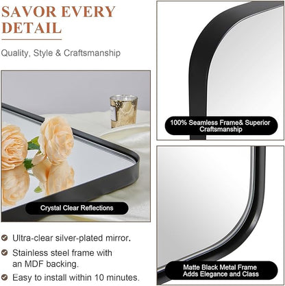 ANDY STAR Wall Mirror for Bathroom, 30x36 Matte Black Bathroom Mirror, Modern Stainless Steel Metal Frame Rounded Corner Rectangle Mirror for Vanity