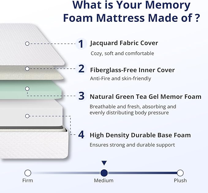 Twin Mattress 10 Inch Green Tea Memory Foam Mattress for Cool Sleep & Pressure Relief, Medium Feel Support,Fiberglass Free, Bed in a Box, Removable Washable Cover, CertiPUR-US Certified