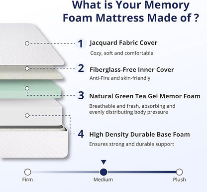 Twin XL Mattress 6 Inch Green Tea Memory Foam Mattress for Cool Sleep & Pressure Relief, Medium Feel Support,Fiberglass Free, Bed in a Box, Removable Washable Cover, CertiPUR-US Certified