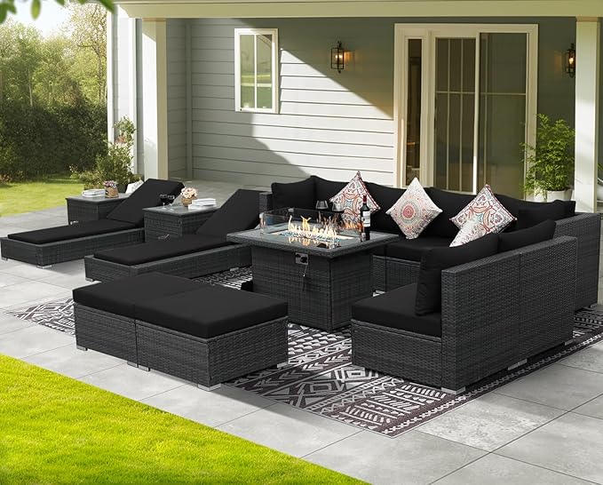 NICESOUL 13 Piece Patio Sectional with Chaise Lounge, Full Size Outdoor Set with Firepit Lounges for 10-Persons, Fade/Water Resistant Sturdy Conversation Seating Sofas, Gray Rattan & Black Cushion