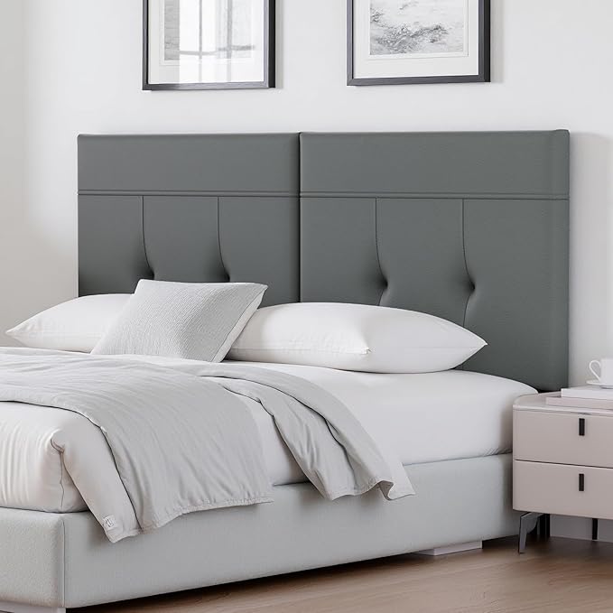 Headboard Queen Size Upholstered Faux Leather, Queen Headboard with Sturdy Metal Legs, Tufted Upholstery Design Headboards with Adjustable Width & Height (Grey)