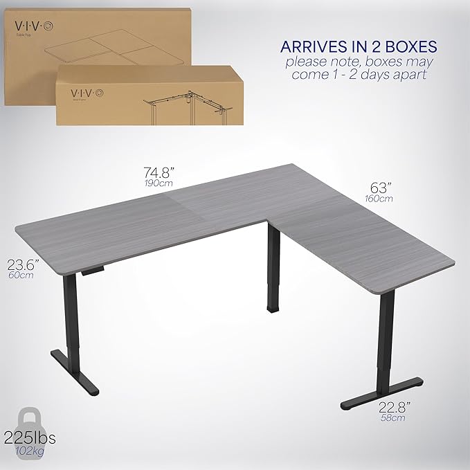 VIVO Corner Standing Desk, 75 x 63 inch Reversible L-Shaped Workstation, Electric Height Adjustment, Home, Office, and Reception Rooms, Dark Gray Table Top Black Frame, DESK-E3CTG-75