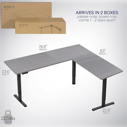 VIVO Corner Standing Desk, 75 x 63 inch Reversible L-Shaped Workstation, Electric Height Adjustment, Home, Office, and Reception Rooms, Dark Gray Table Top Black Frame, DESK-E3CTG-75