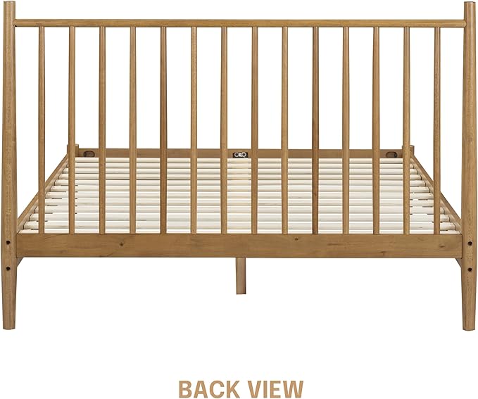 NTC Inno Wooden Bed Frame with Headboard, Solid Oak and Rubber Wood Foundation with Silent Slats and Wood Central Supports, 1000 Lb Capacity, Effortless Assembly, Queen - Teak Look