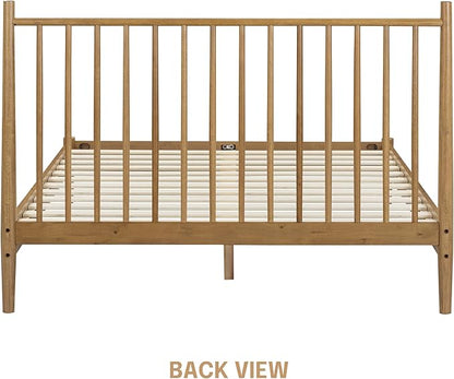 NTC Inno Wooden Bed Frame with Headboard, Solid Oak and Rubber Wood Foundation with Silent Slats and Wood Central Supports, 1000 Lb Capacity, Effortless Assembly, Queen - Teak Look