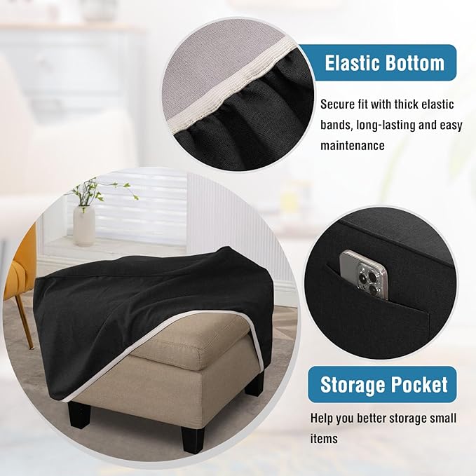 H.VERSAILTEX Square Ottoman Cover Fit Length 36"-37" Footrest Durable Linen Look Fabric Ottoman Slipcover Thick Footrest Stool Covers for Oversized Square Ottoman Removable Washable - Heather Black