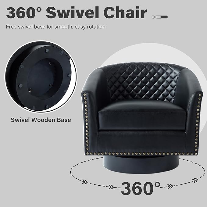 Pia Ricco Faux Leather Swivel Barrel Accent Chairs Set of 2, 360° Swivel Round Single Sofa Chair, Comfy Upholstered Club Armchair with Nailhead Trim for Living Room/Reading Room/Bedroom, Black