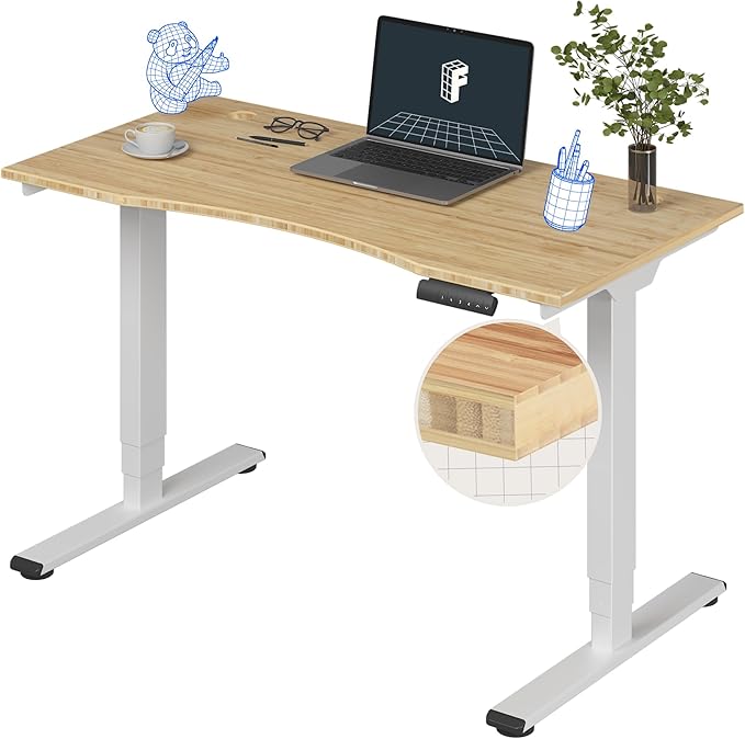 FlexiSpot E6 Bamboo 3-Stage Dual Motor Electric Standing Desk 48 x 24 Sit Stand Up Desk, Holds 220 lbs, Adjustable Height w/ Memory Presets, Solid Bamboo Curved Desktop & White Frame, Ships in 2 Boxes