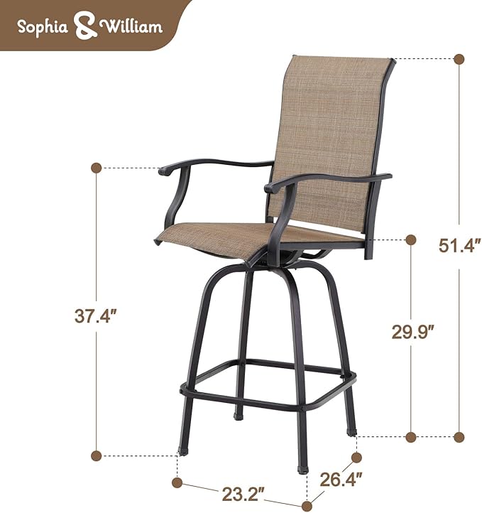 Sophia & William Patio Swivel Bar Stools Set of 4, Bar Height Patio Chair, High Top Patio Chairs, Supports 300 lbs (Brown Fabric)