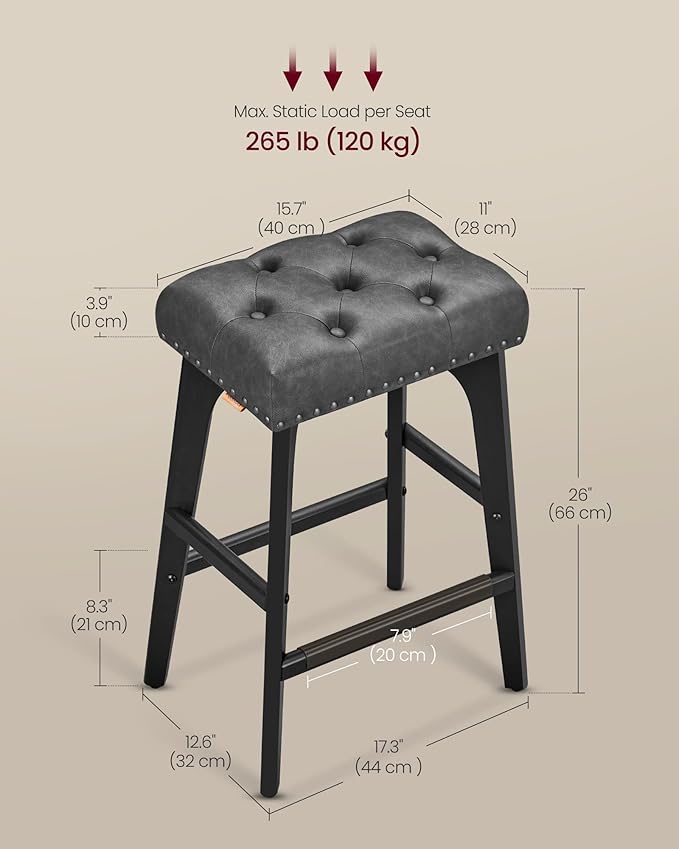 VASAGLE Bar Stools Set of 4, Saddle Counter Height Bar Stools, 26-Inch Backless Kitchen Stools with Wood Legs, PU Leather Thickened Upholstered Barstools for Kitchen Island Dining Room, Ink Black