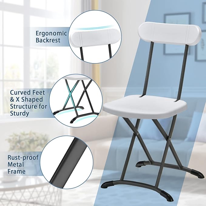 GYMAX Folding Chair, 400lbs Plastic Chairs Set with Steel Frame & Ergonomic Curved Back, Indoor & Outdoor Commercial Event Seat for Meeting, Wedding, Stackable Lightweight Folding Chairs (6, White)