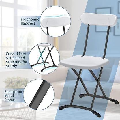 GYMAX Folding Chair, 400lbs Plastic Chairs Set with Steel Frame & Ergonomic Curved Back, Indoor & Outdoor Commercial Event Seat for Meeting, Wedding, Stackable Lightweight Folding Chairs (6, White)