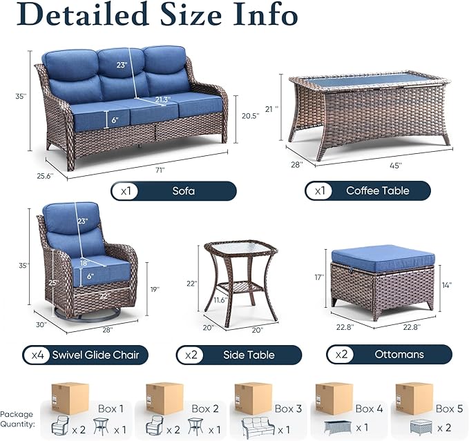Belord Luxury 6" Thick Cushioned 10 Pieces Patio Furniture Set with Outdoor Couch, Wicker Outdoor Conversation Set with High Back Swivel Rocker Chairs for Deck Porch Yard and Poolside - Brown+Blue