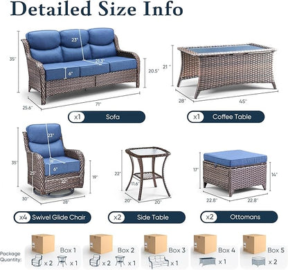 Belord Luxury 6" Thick Cushioned 10 Pieces Patio Furniture Set with Outdoor Couch, Wicker Outdoor Conversation Set with High Back Swivel Rocker Chairs for Deck Porch Yard and Poolside - Brown+Blue