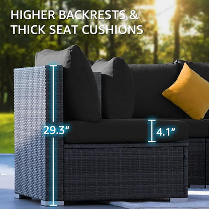 NICESOUL Large Size 9 Piece Patio Conversation Set with Fire Pit Table Propane/Gas, 29.3'' High Back Outdoor Furniture Sectional Set, Heavyweight Rattan Contemporary Sofa, 2 Color Cushion Black &Gray