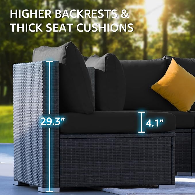NICESOUL 7 Piece Outdoor Furniture Set with Fire Pit Table Natural Gas & Propane Convertible, 29.3'' High Back Extra Large Rattan Patio Modular Sectional Conversations, 2 Color Cushion Black & Gray