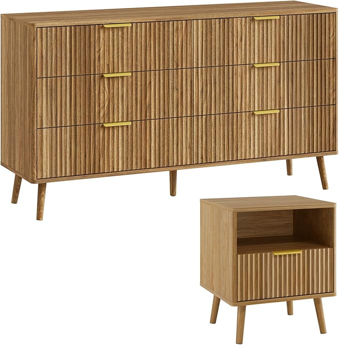 LYNSOM Fluted Dresser and Nightstand Sets 2 Piece, 1-Drawer Nightstands and 6-Drawers Dresser, Wood Bedroom Furniture Set for Home, Bedroom, Hallway, Natural Oak