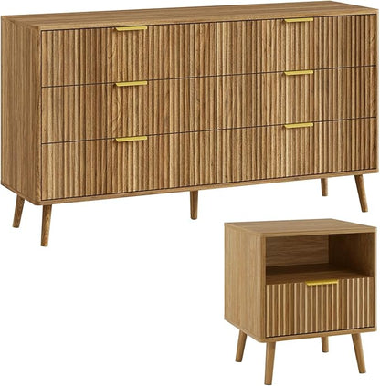 LYNSOM Fluted Dresser and Nightstand Sets 2 Piece, 1-Drawer Nightstands and 6-Drawers Dresser, Wood Bedroom Furniture Set for Home, Bedroom, Hallway, Natural Oak