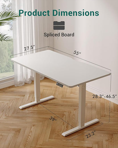 CubiCubi Height Adjustable Electric Standing Desk, 55 x 28 Inches Sit Stand up Desk, Large Memory Computer Home Office Desk with Two-Piece Desktop (White)