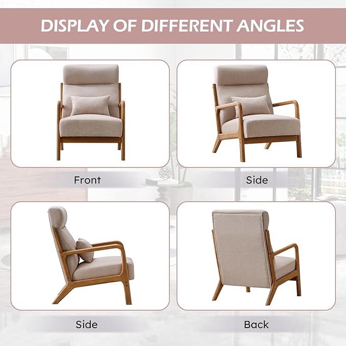 Accent Chair Mid Century Modern Chair Linen Fabric Living Room Chairs with Solid Wood Frame Comfy Upholstered and Lumbar Pillow Reading Side Chair Easy Assembly for Bedroom (1, Beige)