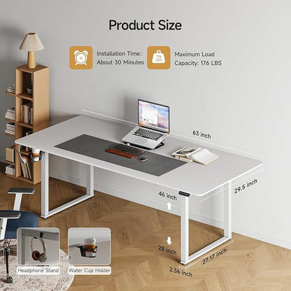 ONBRILL Standing Desk, 63x30 Inches Rectangle Stand Up Desk with 4 Legs, Dual Motor and Memory Controller, Adjustable Height from 28-46 Inches for Home and Computer Workstation, White