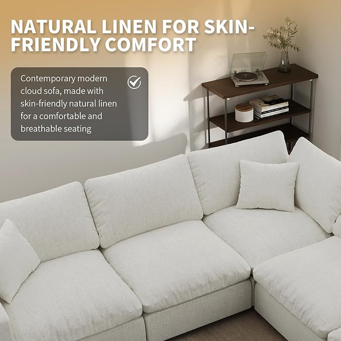 Modern Sectional Linen Couch for Living Room V-Shape Sofas,5 Seat Modular Cloud Sofas,Couches Cushion Covers Removable,Cozy Feather Down Sofa for Apartment Cream White