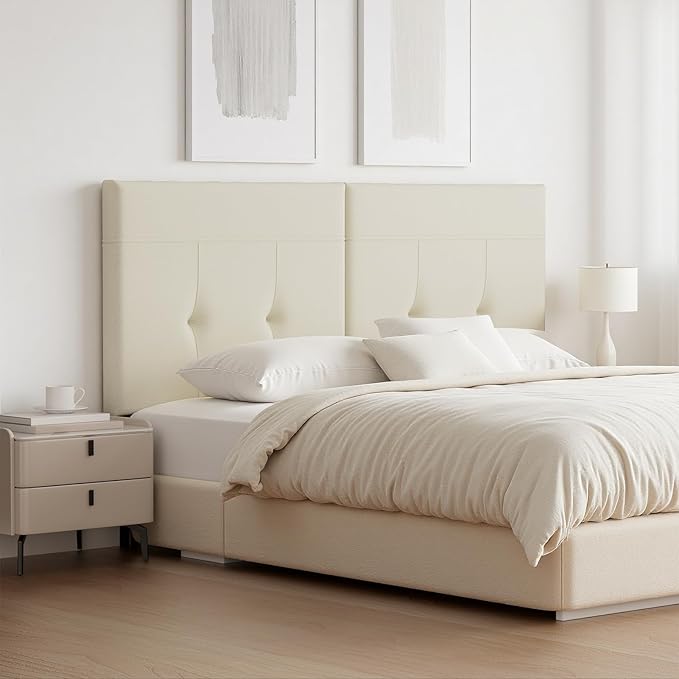 Headboard Queen Size Upholstered Faux Leather, Queen Headboard with Sturdy Metal Legs, Tufted Upholstery Design Headboards with Adjustable Width & Height (Ivory)