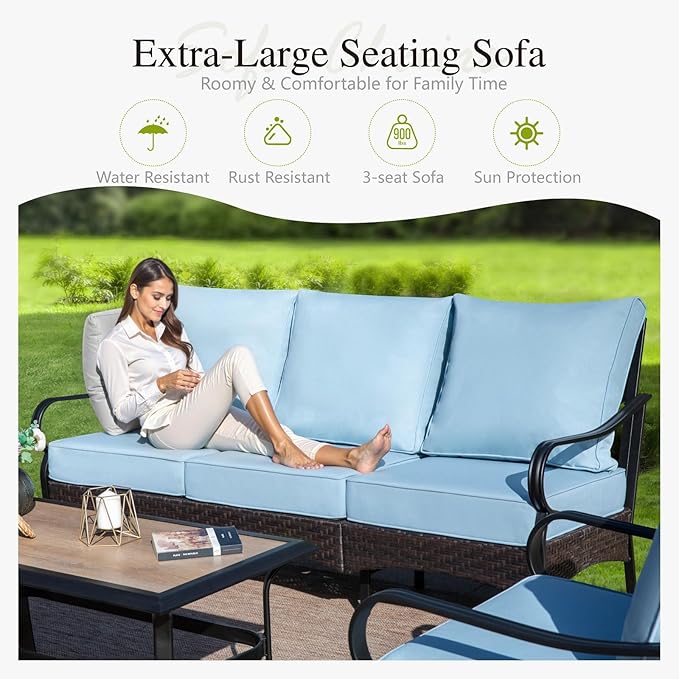Sophia & William Patio Furniture Set, 4 Piece Metal Outdoor Conversation Set with 3-Seater Outdoor Couch, 2 Swivel Chairs, 1 Coffee Table for Outdoor Seating, Backyard, Porch(Blue)