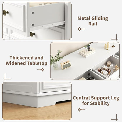 9 Drawer Dressers for Bedroom, 51" Wide Wood Chest of Drawers, Farmhouse Bedroom Dressers with Drawers, Modern Dresser TV Stand, Retro Design, for Living Room, Dressing Room, Hallway, White