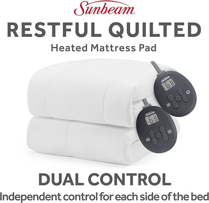 Sunbeam Electric Heated Mattress Pad Restful Quilted Extra-Cozy Fabric 12 Heat Settings 12-Hour Auto Shut-Off Deep Pocket Fit Machine Washable Queen 80" x 60"